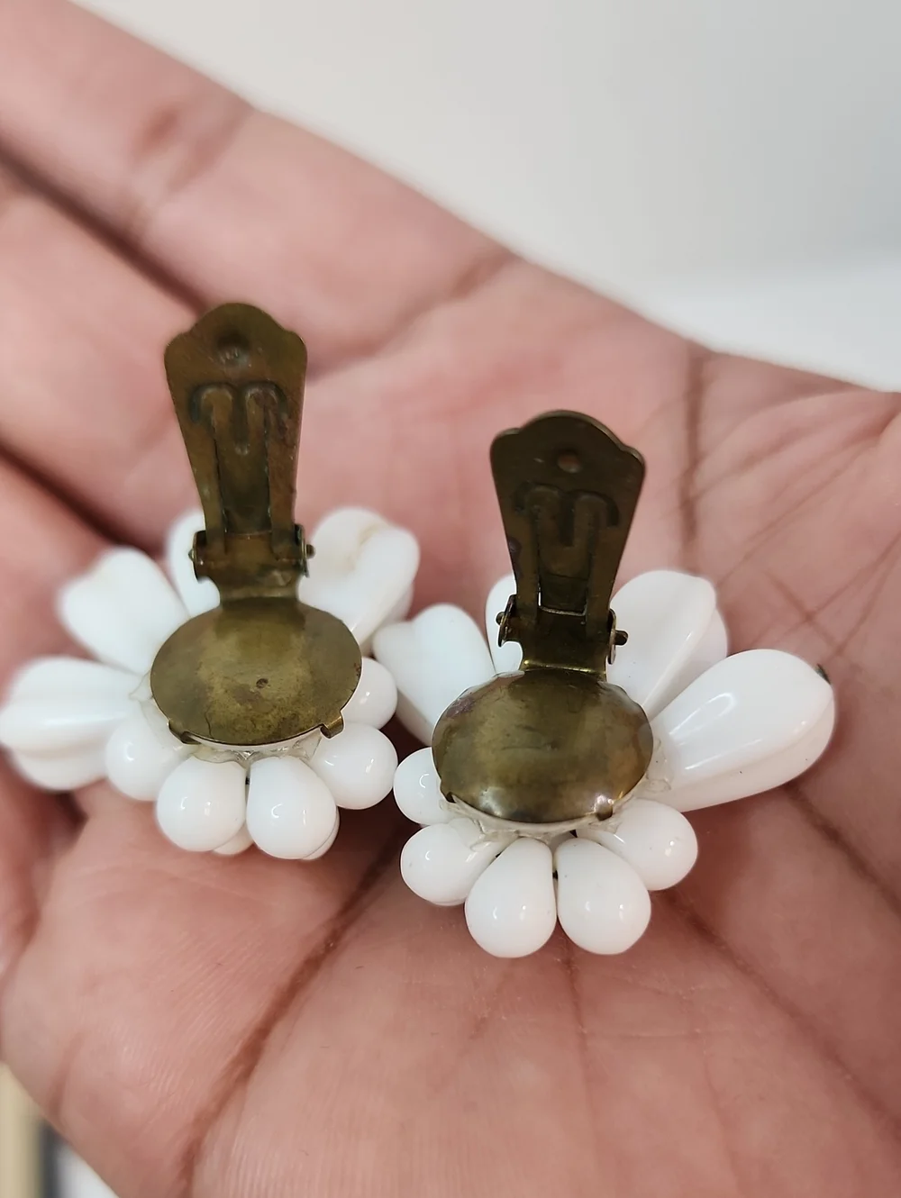 Vintage Western Germany White Milk Glass Flower Clip Earrings